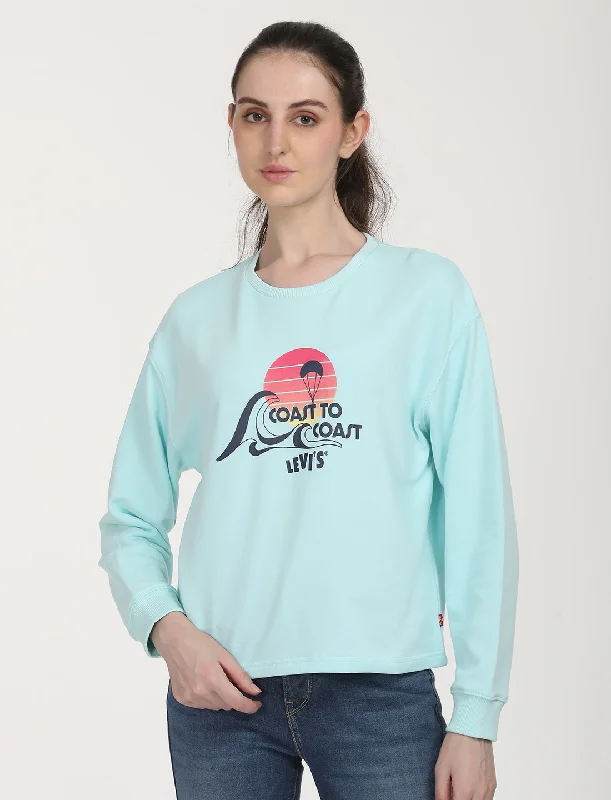 Women's Solid Light Blue Crew Neck Sweatshirt Hoodie with Raw Hem Edgy Unfinished