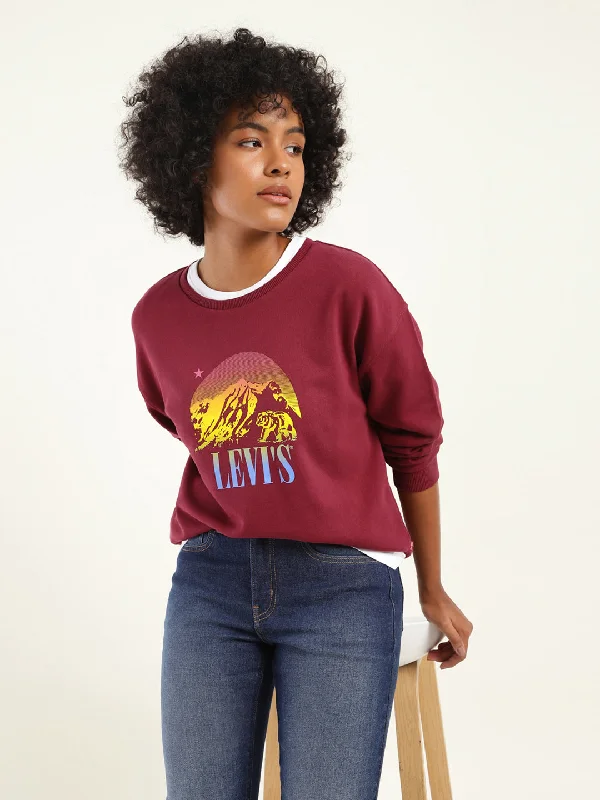 Women's Solid Maroon Crew Neck Sweatshirt Hoodie with Hem Drawcord Adjustable Customizable