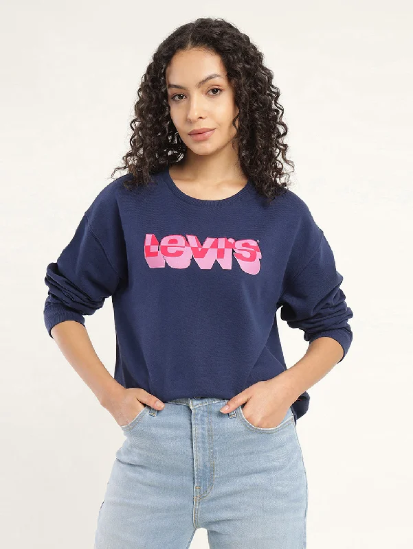 Women's Solid Navy Crew Neck Sweatshirt Hoodie with Exposed Zipper Edgy Industrial