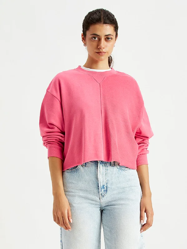 Women's Solid Pink Crew Neck Sweatshirt Hoodie Jacket Zipper Layering