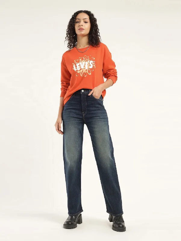 Women's Solid Red Crew Neck Sweatshirt Hoodie with Oversized Fit Loose Comfortable