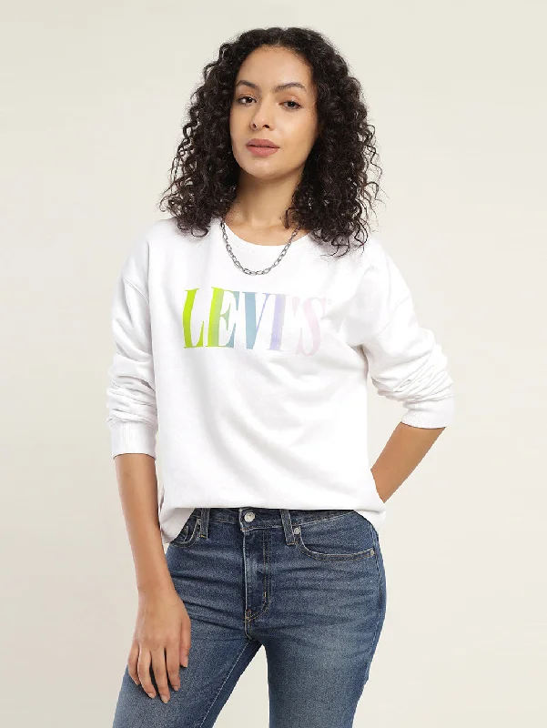 Women's Solid White Crew Neck Sweatshirt Hoodie with Drop Shoulder Relaxed Streetwear