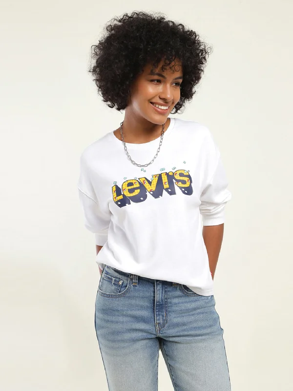 Women's Solid White Crew Neck Sweatshirt Hoodie with Thumb Holes Functional Cozy