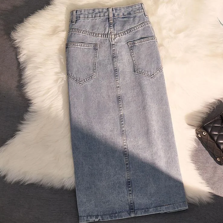 Women's Summer Side Split Mid-length Large Size Denim Skirt High Waist Light Blue Versatile Casual A-line Skirt casual skirt length