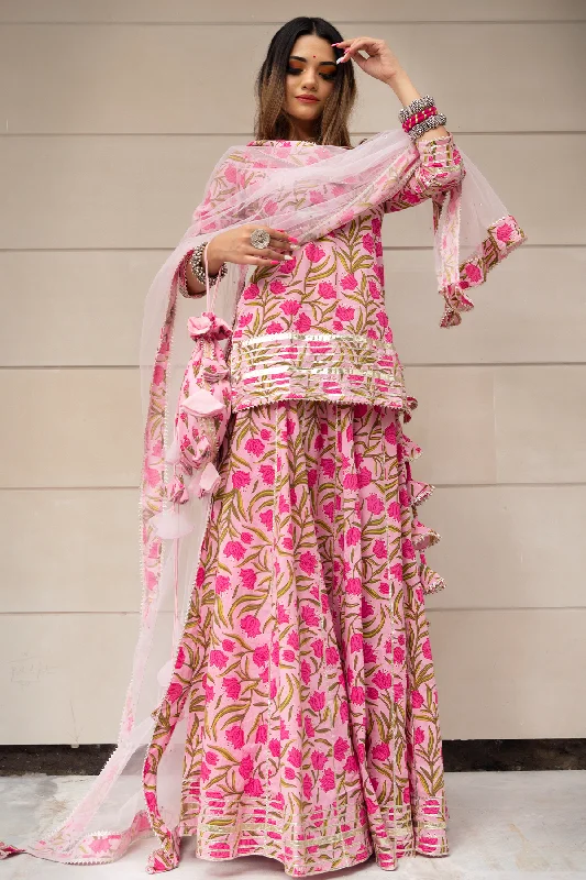 Women's Tulsi Pink Cotton Hand Block Skirt Set - Pomcha Jaipur USA ruffled skirt detail
