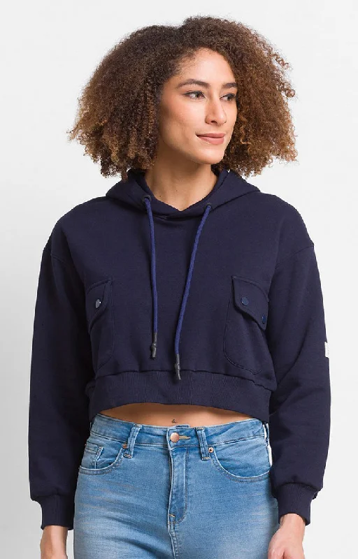 Spykar Deep Navy Cotton Blend Full Sleeve Hooded Sweatshirts For Women Hoodie with Oversized Fit Loose Comfortable Spykar Deep Navy Cotton Blend Full Sleeve Hooded Sweatshirts For Women Hoodie with Oversized Fit Loose Comfortable