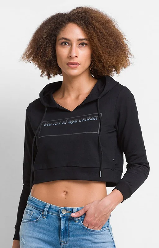 Spykar Black Cotton Blend Full Sleeve Hooded Sweatshirts For Women Hoodie with Hem Patch Decorative Personalized