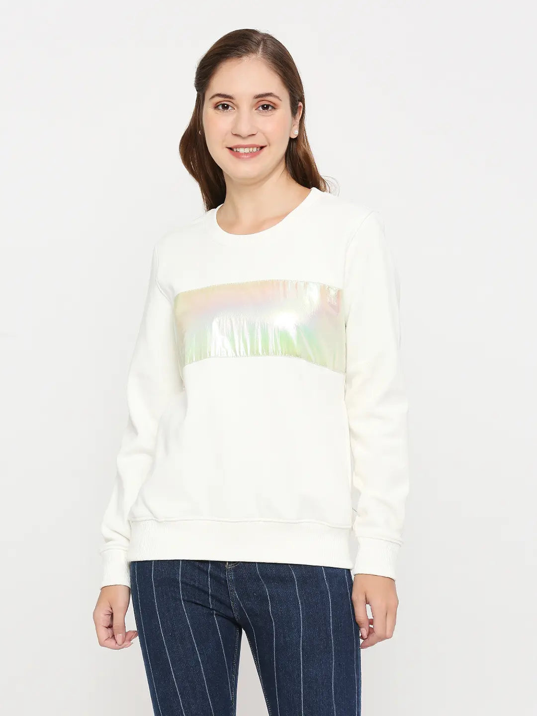 Spykar White Cotton Blend Full Sleeve Round Neck Sweatshirts For Women Cotton Hoodie Fleece Lining Warmth Spykar White Cotton Blend Full Sleeve Round Neck Sweatshirts For Women Cotton Hoodie Fleece Lining Warmth
