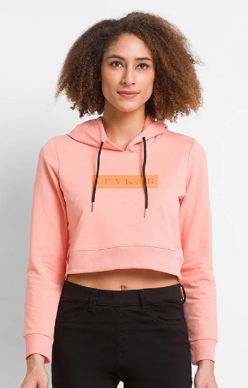 Spykar Peach Cotton Blend Full Sleeve Hooded Sweatshirts For Women Hoodie with Elastic Cuffs Stretchable Comfortable