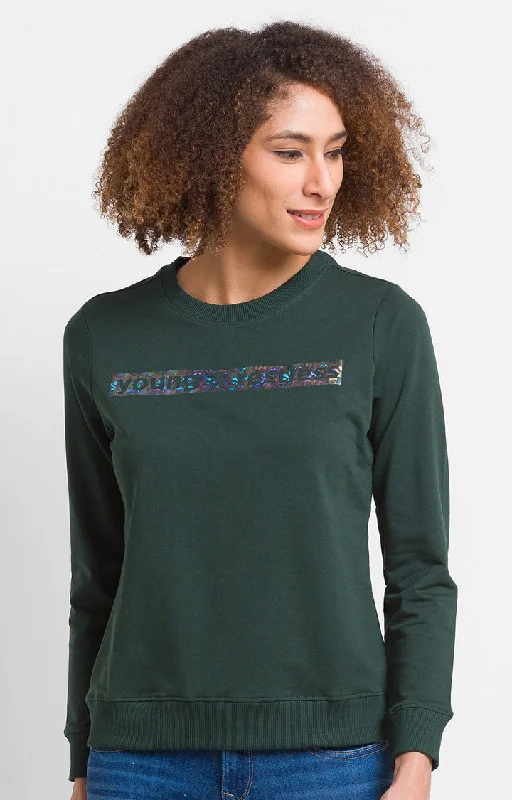 Spykar Bottle Green Blend Full Sleeve Round Neck Sweatshirts For Women Hoodie with Earth Tones Natural Calm