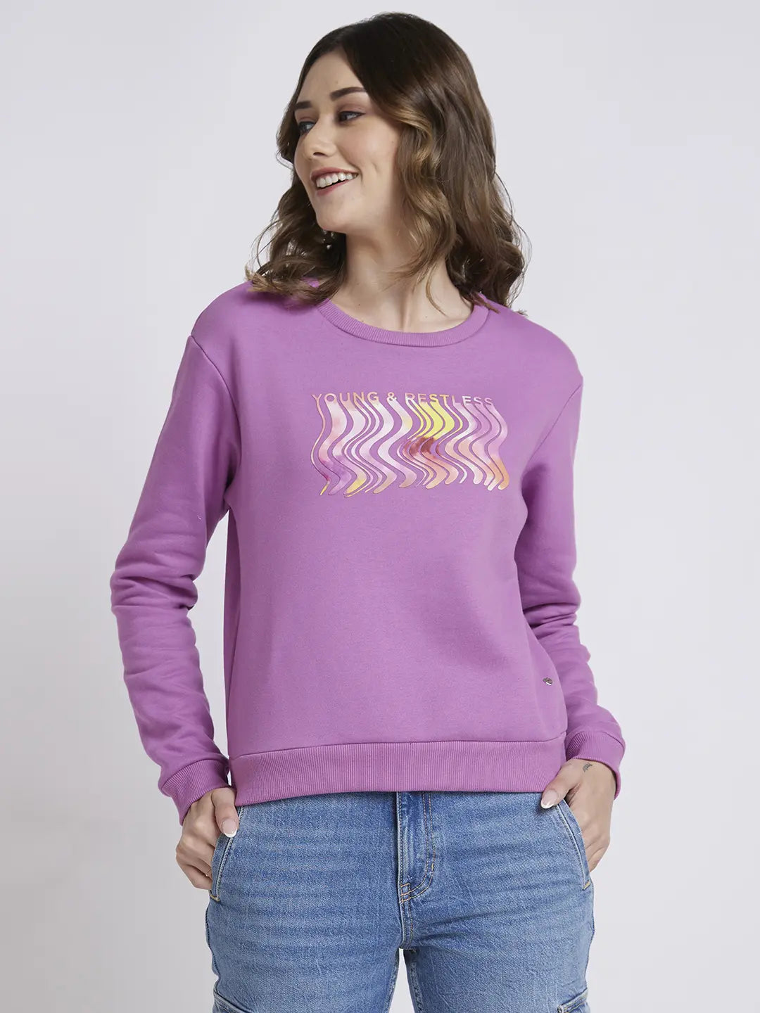 Spykar Women Digitallavender Blended Regular Fit Round Neck Printed Sweatshirt Hoodie with Belted Waist Structured Tailored Spykar Women Digitallavender Blended Regular Fit Round Neck Printed Sweatshirt Hoodie with Belted Waist Structured Tailored