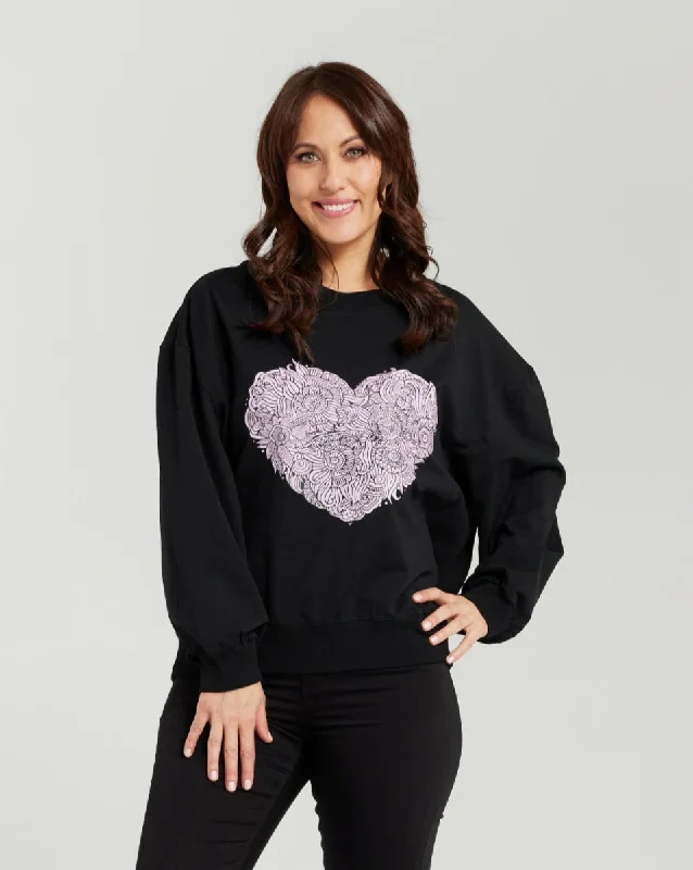 Zafina Nyla Sweatshirt - Black Heart Hoodie with Raw Hem Edgy Unfinished