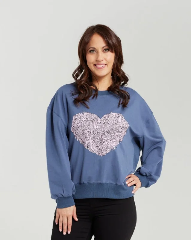 Zafina Nyla Sweatshirt - Blue Heart Hoodie with Hem Detail Decorative Unique