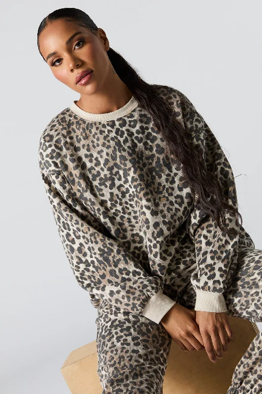 Oversized Cheetah Print Fleece Sweatshirt Hoodie with Zipper Placket Modern Functional Oversized Cheetah Print Fleece Sweatshirt Hoodie with Zipper Placket Modern Functional