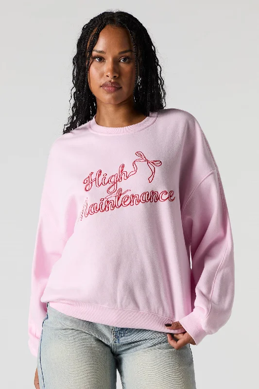 High Maintenance Embroidered Fleece Sweatshirt Hoodie with Hem Ribbing Snug Secure