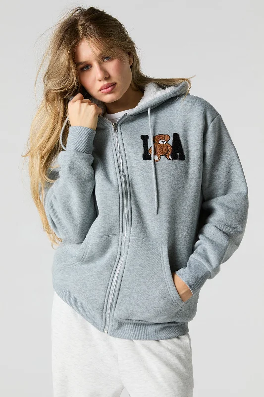 Chenille Embroidered Faux Fur Lined Fleece Hoodie Hoodie with High-Low Hem Asymmetrical Trendy Chenille Embroidered Faux Fur Lined Fleece Hoodie Hoodie with High-Low Hem Asymmetrical Trendy
