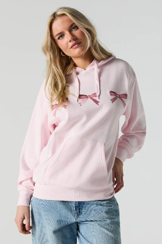 Bow Embroidered Fleece Hoodie Hoodie with Hem Ribbing Snug Secure
