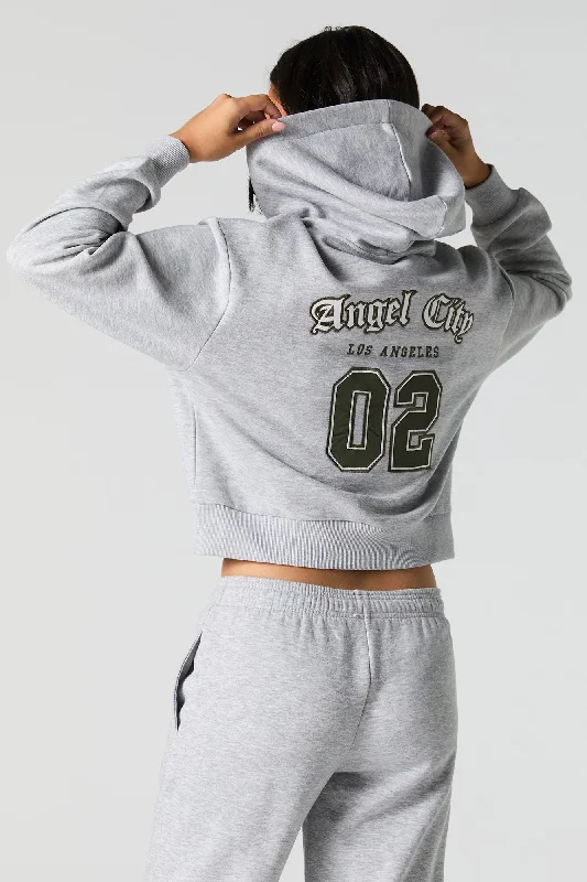 Embroidered Cropped Fleece Hoodie Hoodie with Bell Sleeves Flared Feminine