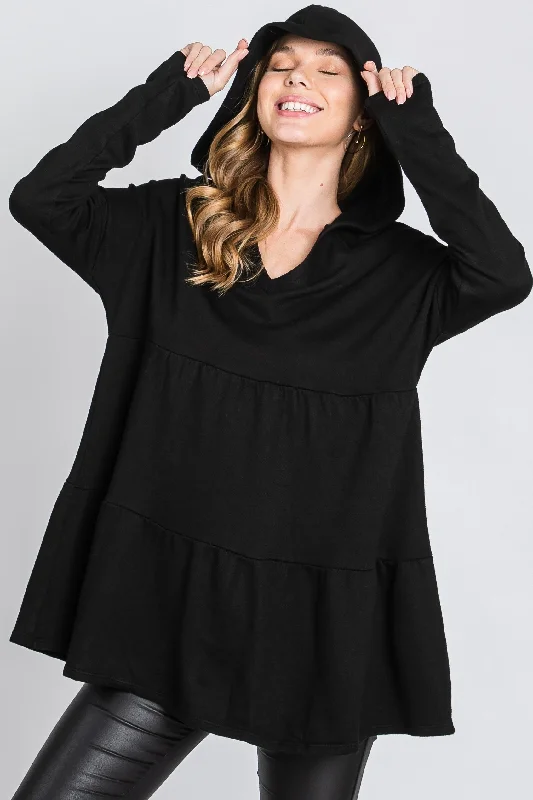 BLACK FRECH TERRY LONG SLEEVES TIERED TUNIC HOODIE TOP SO3321T Hoodie with High-Low Hem Asymmetrical Trendy BLACK FRECH TERRY LONG SLEEVES TIERED TUNIC HOODIE TOP SO3321T Hoodie with High-Low Hem Asymmetrical Trendy