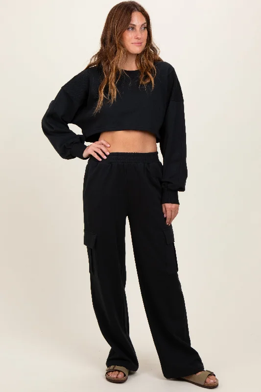 Black Oversized Crop Sweatshirt Cargo Sweatpant Set Hoodie with Earth Tones Natural Calm Black Oversized Crop Sweatshirt Cargo Sweatpant Set Hoodie with Earth Tones Natural Calm