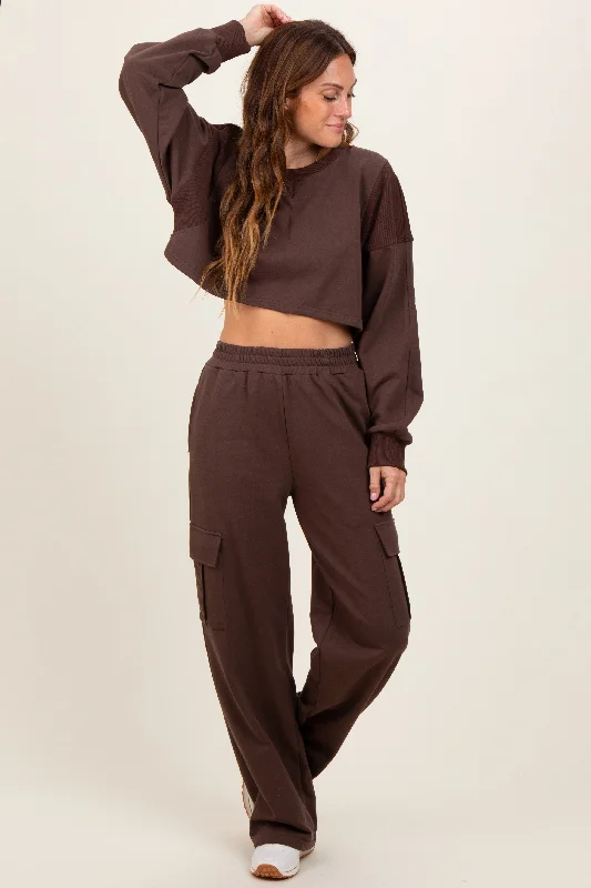 Brown Oversized Crop Sweatshirt Cargo Sweatpant Set Hoodie with Pocket Utility Practical Brown Oversized Crop Sweatshirt Cargo Sweatpant Set Hoodie with Pocket Utility Practical