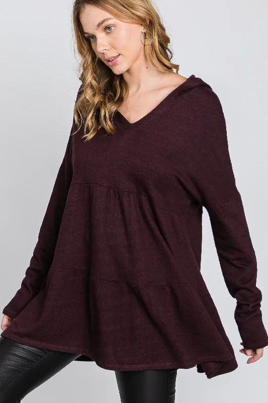 BURGUNDY FRECH TERRY LONG SLEEVES TIERED TUNIC HOODIE TOP SO3321T Hoodie with Reflective Safety Nightwear BURGUNDY FRECH TERRY LONG SLEEVES TIERED TUNIC HOODIE TOP SO3321T Hoodie with Reflective Safety Nightwear