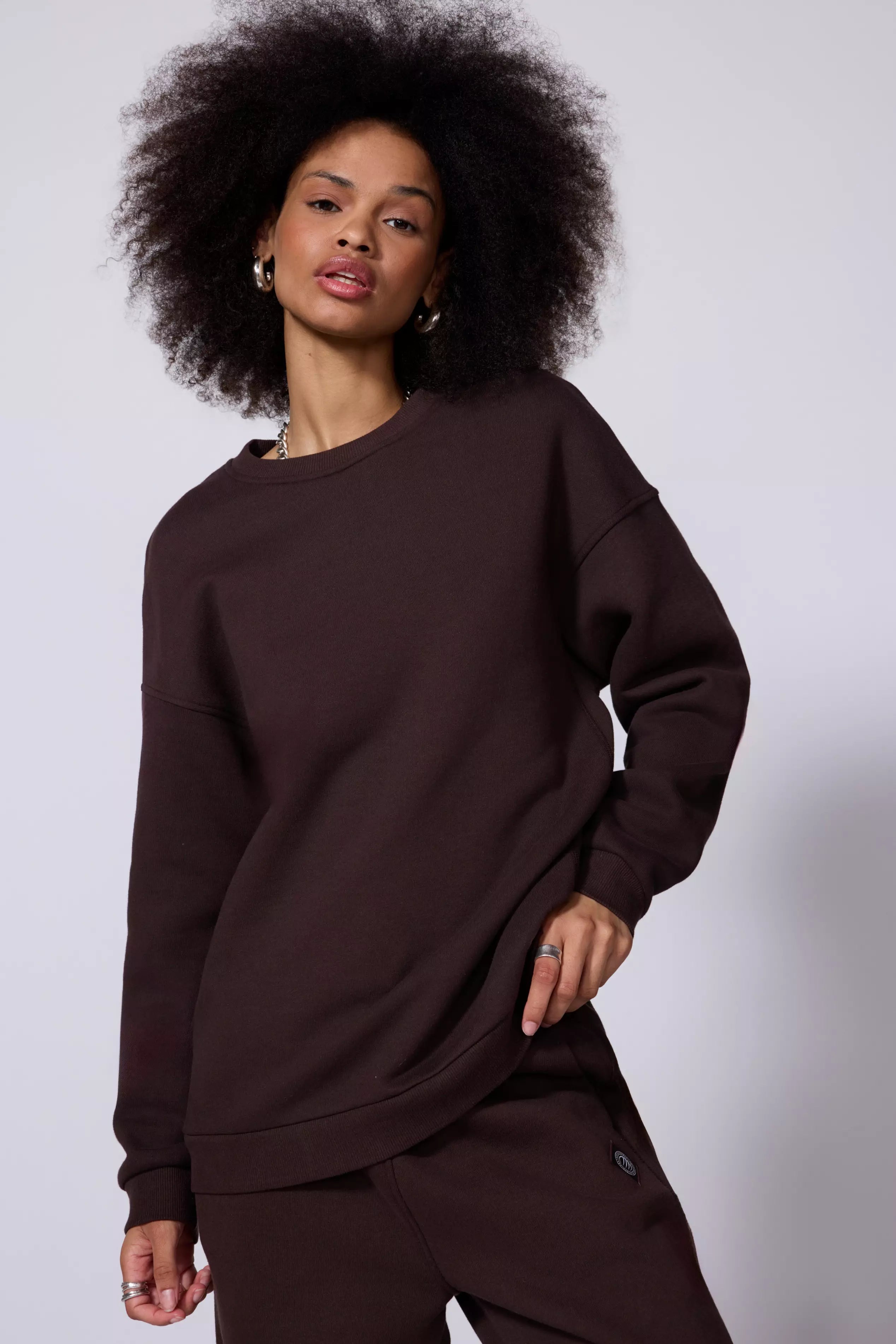 Comfort Fleece Relaxed Sweatshirt - Chocolate Brown Hoodie with Raw Hem Edgy Unfinished
