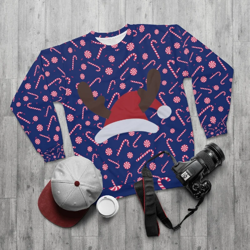 Dark Blue Red Candy Cane Christmas Holiday Crewneck Unisex Sweatshirt - Made in USA Hoodie with Neon Bright Vibrant Dark Blue Red Candy Cane Christmas Holiday Crewneck Unisex Sweatshirt - Made in USA Hoodie with Neon Bright Vibrant