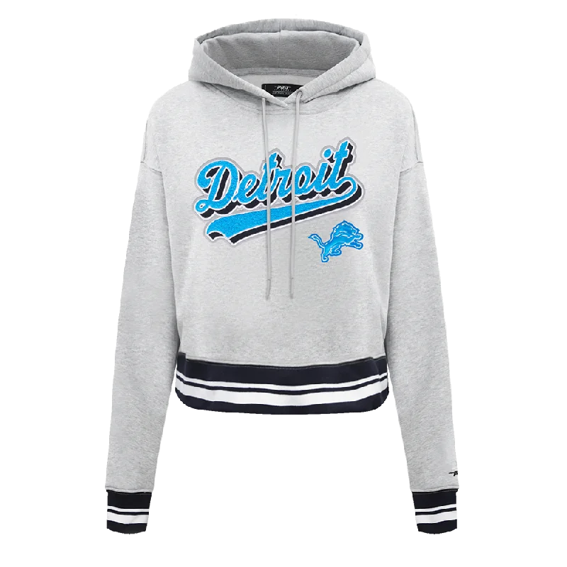 NFL DETROIT LIONS SCRIPT TAIL WOMEN'S RIB FLC CROPPED PO HOODIE (HEATHER GRAY/BLACK) Hoodie with Mock Neck Collared Structured NFL DETROIT LIONS SCRIPT TAIL WOMEN'S RIB FLC CROPPED PO HOODIE (HEATHER GRAY/BLACK) Hoodie with Mock Neck Collared Structured
