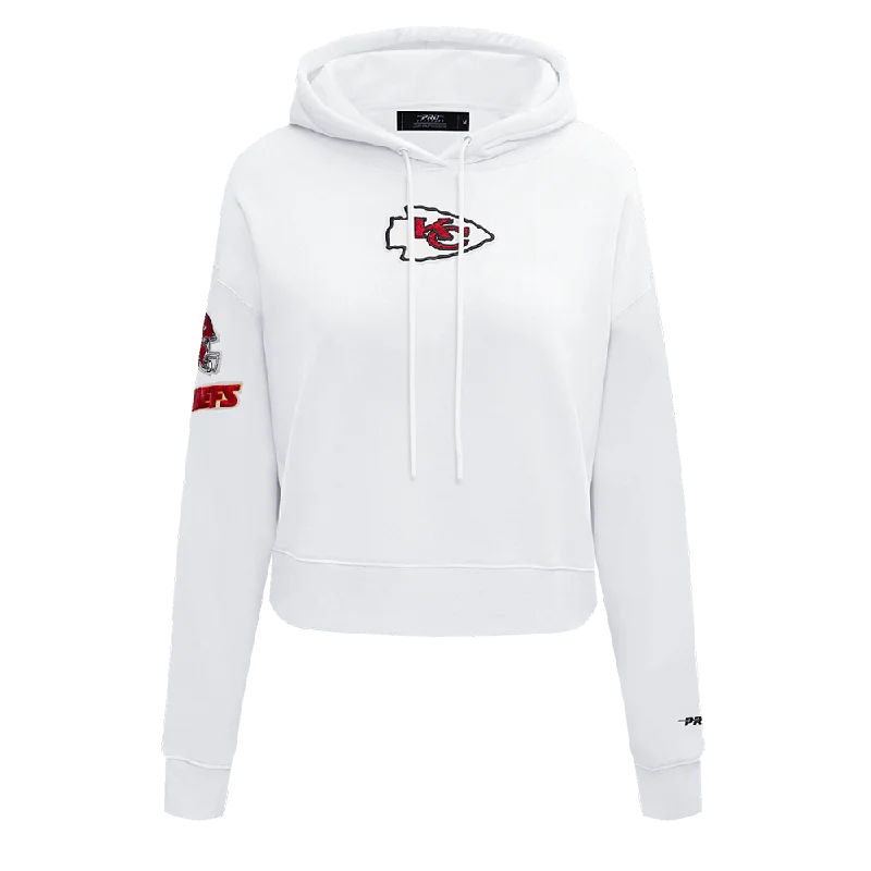 NFL KANSAS CITY CHIEFS CLASSIC WOMEN'S FLC CROPPED PO HOODIE (WHITE) Hoodie with Cuffed Sleeves Snug Secure NFL KANSAS CITY CHIEFS CLASSIC WOMEN'S FLC CROPPED PO HOODIE (WHITE) Hoodie with Cuffed Sleeves Snug Secure