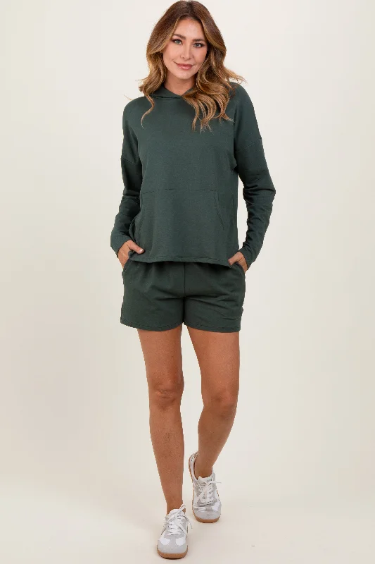 Forest Green Hoodie Shorts Set Hoodie with Color Block Contrast Stylish