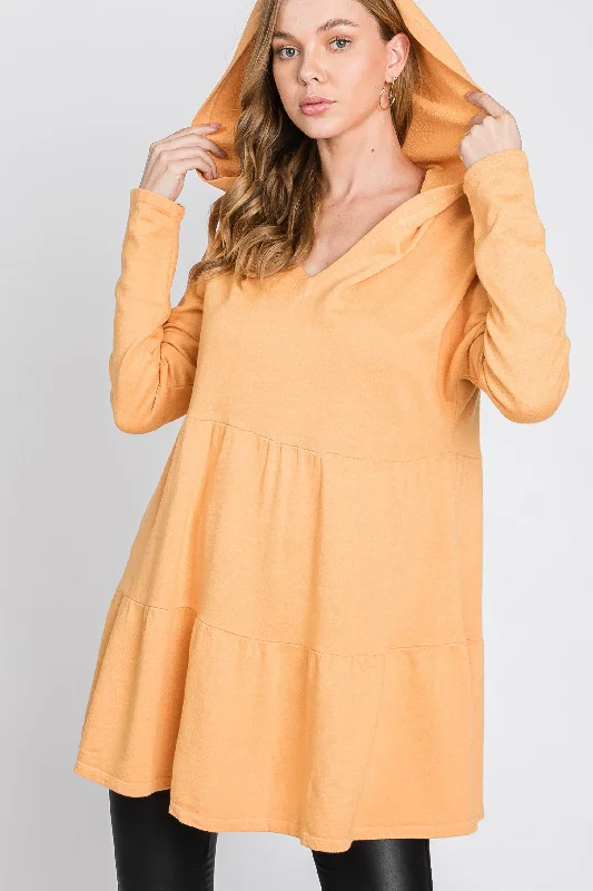 GOLD FRECH TERRY LONG SLEEVES TIERED TUNIC HOODIE TOP SO3321T Hoodie with Hem Lace Feminine Delicate GOLD FRECH TERRY LONG SLEEVES TIERED TUNIC HOODIE TOP SO3321T Hoodie with Hem Lace Feminine Delicate