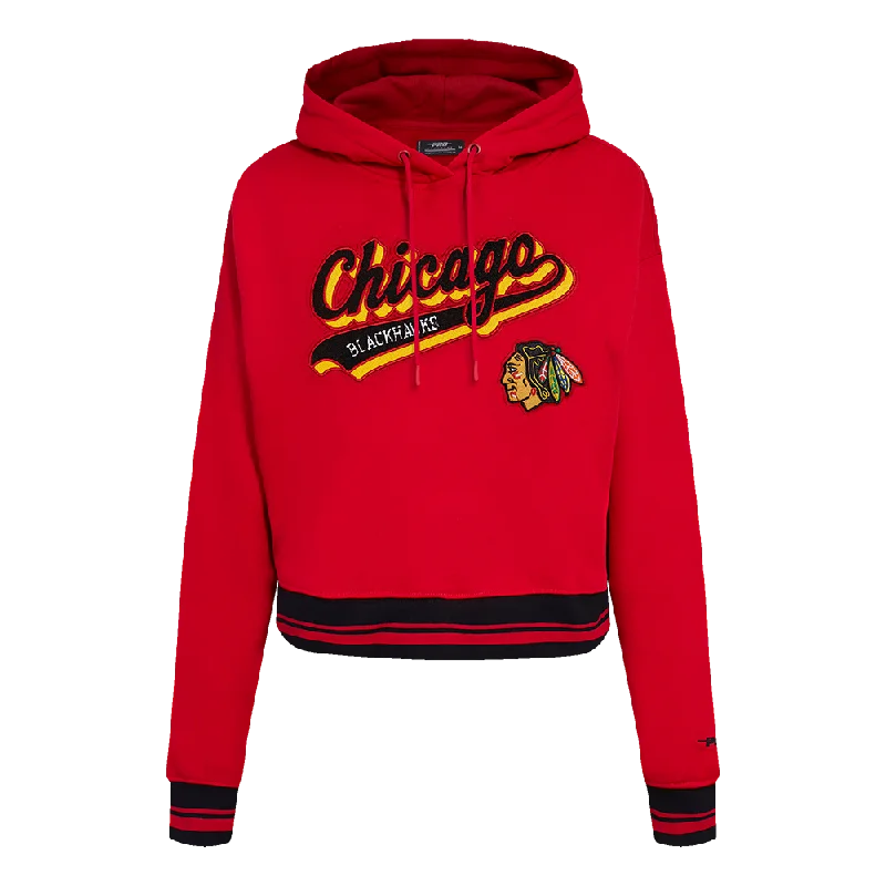 NHL CHICAGO BLACKHAWKS SCRIPT TAIL WOMEN'S RIB FLC CROPPED PO HOODIE (RED/BLACK) Hoodie with Cropped Fit Short Trendy NHL CHICAGO BLACKHAWKS SCRIPT TAIL WOMEN'S RIB FLC CROPPED PO HOODIE (RED/BLACK) Hoodie with Cropped Fit Short Trendy