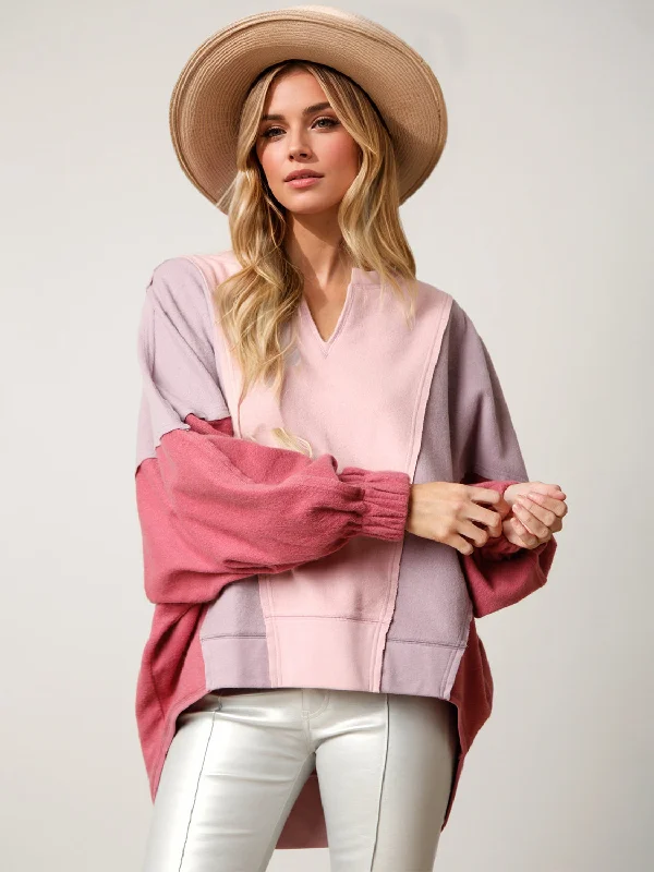 High-Low Contrast Notched Long Sleeve Sweatshirt Hoodie with Gradient Ombre Colorful High-Low Contrast Notched Long Sleeve Sweatshirt Hoodie with Gradient Ombre Colorful