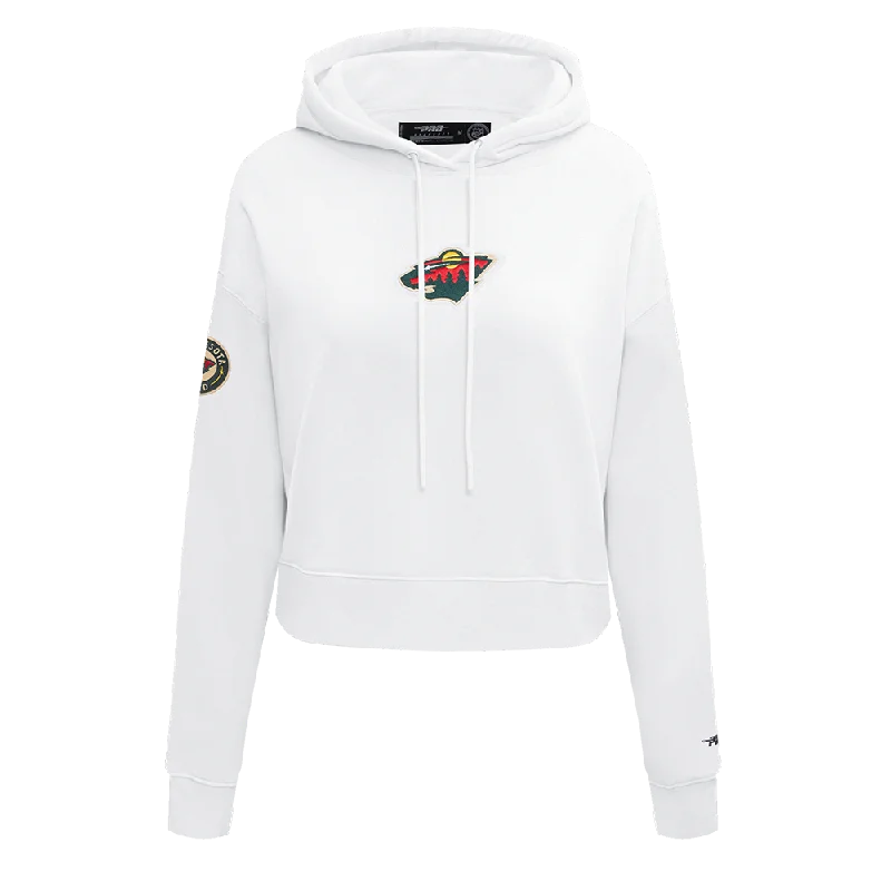 NHL MINNESOTA WILD CLASSIC WOMEN'S CROPPED FLC PO HOODIE (WHITE) Hoodie with Fur Luxurious Winter NHL MINNESOTA WILD CLASSIC WOMEN'S CROPPED FLC PO HOODIE (WHITE) Hoodie with Fur Luxurious Winter