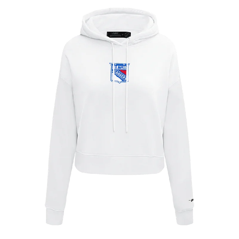 NHL NEW YORK RANGERS CLASSIC WOMEN'S FLC CROPPED PO HOODIE (WHITE) Hoodie with Hem Frayed Vintage Worn