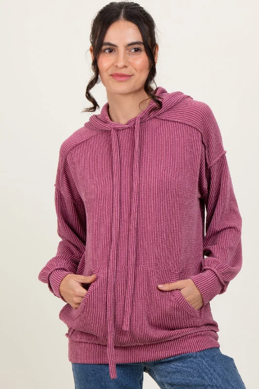 Mauve Ribbed Front Pocket Drawstring Hoodie Hoodie with Relaxed Fit Easy Casual