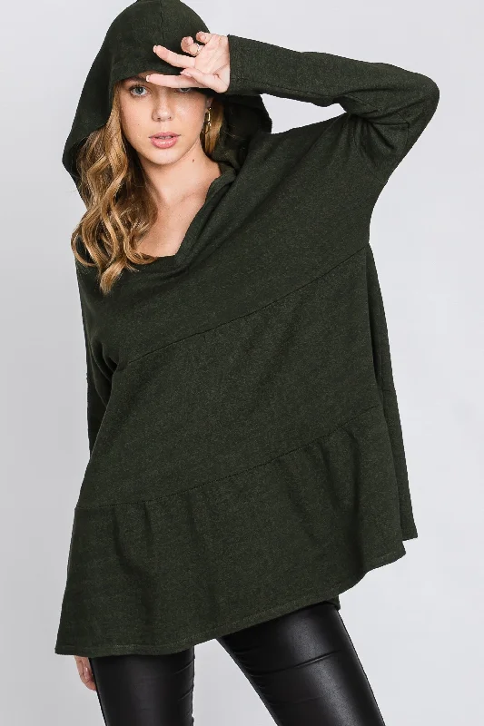 OLIVE FRECH TERRY LONG SLEEVES TIERED TUNIC HOODIE TOP SO3321T Hoodie with Cropped Fit Short Trendy OLIVE FRECH TERRY LONG SLEEVES TIERED TUNIC HOODIE TOP SO3321T Hoodie with Cropped Fit Short Trendy
