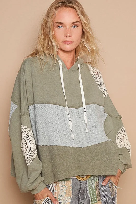 POL Openwork Contrast Dropped Shoulder Hoodie Hoodie with Monochrome Minimalist Simple POL Openwork Contrast Dropped Shoulder Hoodie Hoodie with Monochrome Minimalist Simple