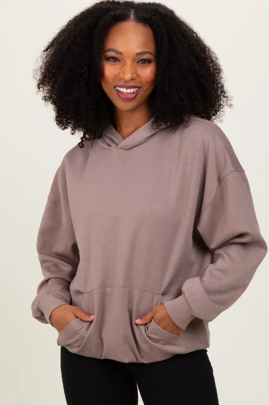 Taupe Basic Hoodie Sweatshirt Hoodie with Embroidery Detailed Premium