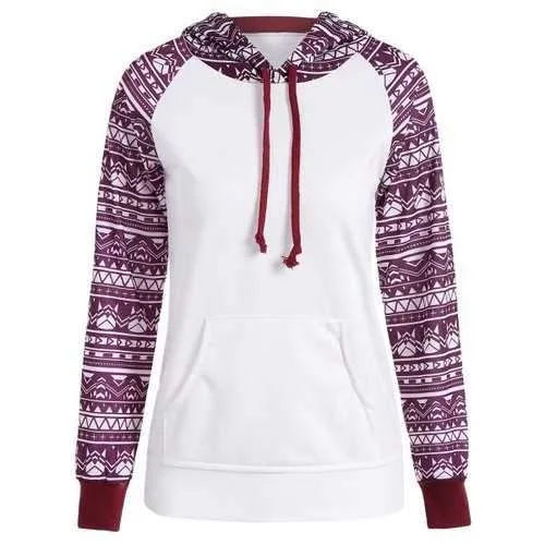 Printed Big Pocket Pullover Hoodie - White M Hoodie with Crew Neck Simple Timeless