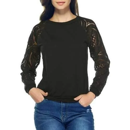 Lace Crochet Long Sleeve Round Neck Sweatshirt - Black Xl Hoodie with Puffed Sleeves Voluminous Trendy Lace Crochet Long Sleeve Round Neck Sweatshirt - Black Xl Hoodie with Puffed Sleeves Voluminous Trendy