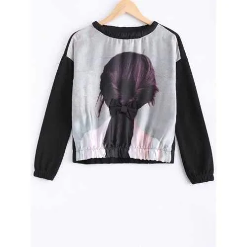 Girl Print Bowknot Sweatshirt - Black S Hoodie with Hem Patch Decorative Personalized Girl Print Bowknot Sweatshirt - Black S Hoodie with Hem Patch Decorative Personalized
