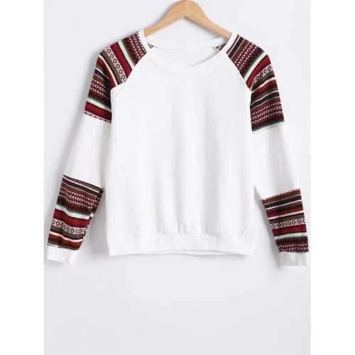 Raglan Sleeves Color Block Sweatshirt - White M Hoodie with Rolled Sleeves Casual Relaxed