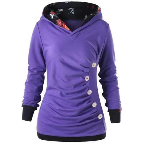Buttoned Ruched Hoodie - Purple M Hoodie with Ribbed Neckline Snug Warm