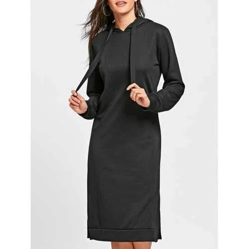 Drawstring Side Slit Longline Hoodie - Black L Hoodie with Print Artistic Unique